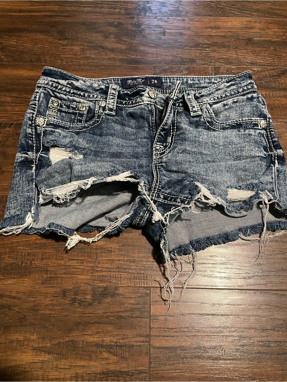 Miss Me Frayed Ripped Denim Jean Shorts in Blue